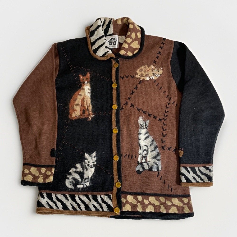 VTG 90s Storybook Knits Sweater Cats Paw Prints Brown Button Cardigan Kittens M